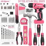 Hi-Spec rose 8V USB Conducteur électrique sans fil de forage et femmes DIY Kit d'outils. Tournevis et perceur, pinces et marteau dans une boîte à outils