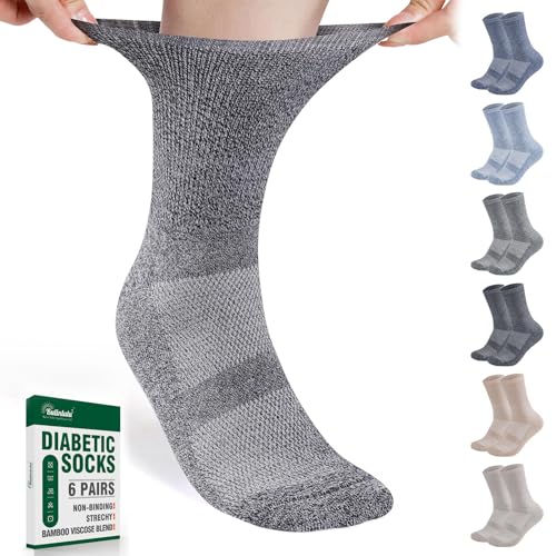 Bulinlulu Diabetic Socks for Men Women - 6 Pairs Non Binding Crew Diabetic Neuropathy Socks with Seamless Toe Size 10-13 Large Dark