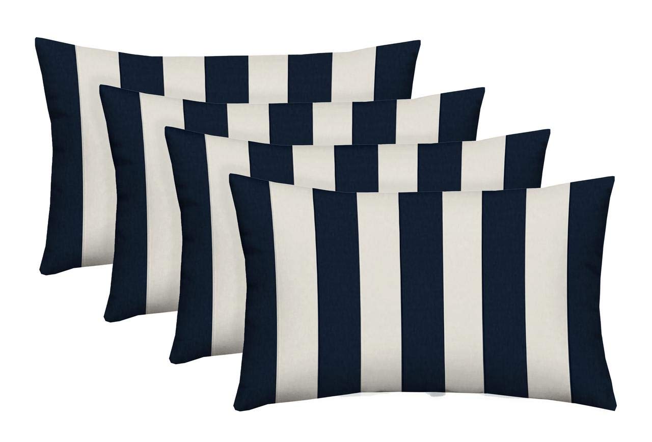 RSH Décor Set of 4 - Indoor/Outdoor Navy & White Cabana Stripe Decorative Rectangle Lumbar Throw/Toss Pillow - Choose Size and Choose Color