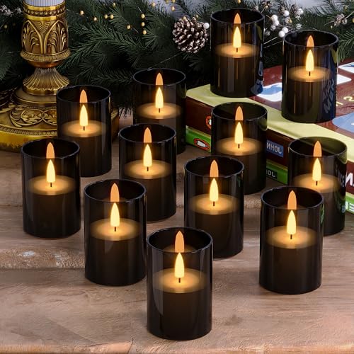 Image of 12Pack Flameless LED Candles with Timer, Battery Operated, Black, 2 inchx3 inch | Small Pillar & Votive Candle with Realistic Flickering Warm Glow for Centerpieces, Wedding Tables, Holiday, and Home Decor