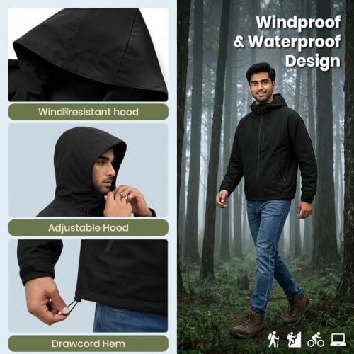 Image of Venzina Jacket for Men Winter with Hood Windproof Outdoor Shell | Features Lightweight Breathable Polyester Fabric for Hiking Cycling Travel and Daily Wear