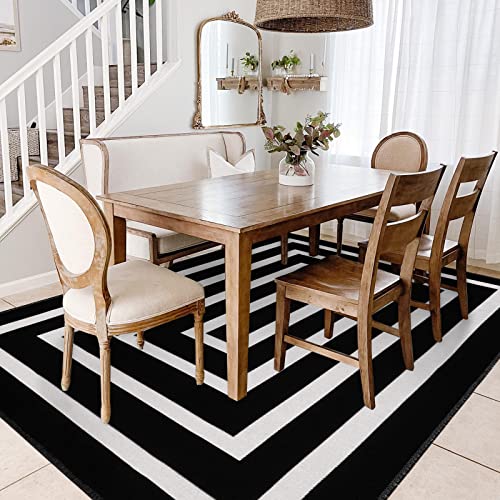 Lanffia Black And White Area Rug 5X7Ft Contrasting Geometric Modern Stripe Symmetrical Indoor Outdoor Rug Machine Washable Extra Large Rugs Woven Cotton Floor Carpet For Living Room/Balcony/Backyard #TOP7