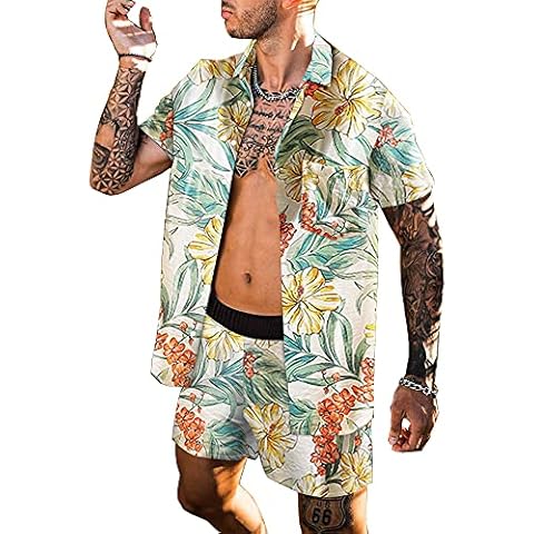 BUYJYA Men's Flower Shirt Short 2 Piece Hawaiian Sets Casual Button Down Floral Tracksuit Valentines Day Gift, Flower-b, S Cover
