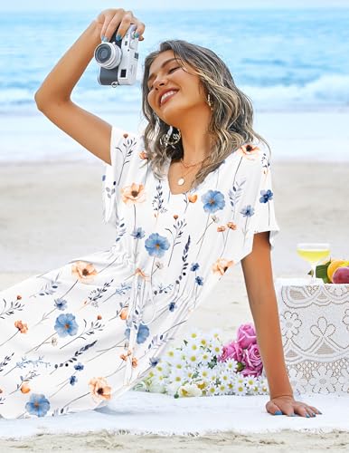 Image of Ekouaer Womens Swimsuit Coverup Short Sleeve Beach Cover Up Dress V Neck Bikini Beachwear