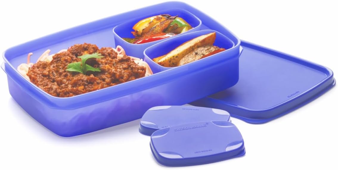 SignoraWare Compact BPA Free Plastic Square Lunch Box | Airtight & Leak Proof | Compact Design | Snacks Container | Best for School & Picnics | Leftover Storage (850ml + 100ml + 100ml |Violet)