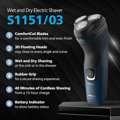 Philips Electric Shaver for Men | ComfortCut Blades | Wet and Dry Shave | 3D Flex Heads | 27 Self Sharpening Blades | Cordless | Waterproof | One Toch Open | 2 Year Warranty | S1151/03,Blue view 2
