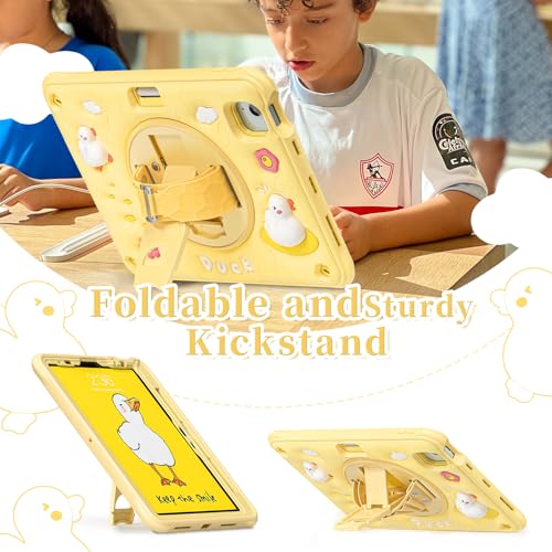 Image of ProElite Cover for iPad Air 11 M4 /M3 /M2 2026 /2025 /2024 / Pro 11 4th /3rd Gen /Air 5 /4 Gen 10.9 inch Case, Tough Bubble Kids Case with Pencil Holder with Rotating Kickstand & Shoulder Strap, Yellow
