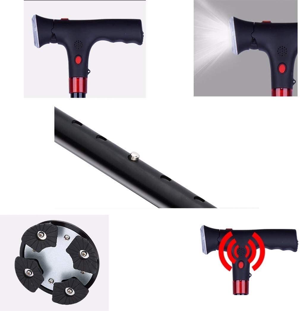 Muletas telescópicas Antideslizantes Muleta Plegable Bastón de Aluminio Alarma con luz LED Bastón Bastón de Escalada de Cuatro ángulos Muleta-11.19 para Artritis, Ancianos, Personas Mayores y