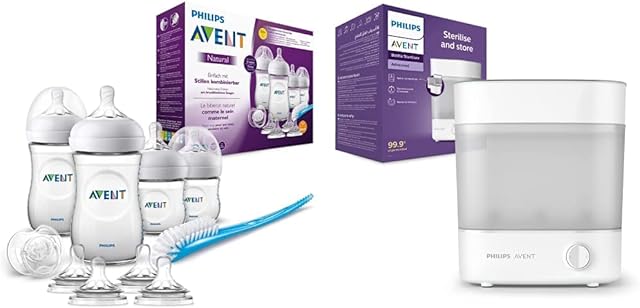 Philips Avent Natural Newborn Starter Set (Model SCD301/02) & Avent Advanced Bottle Steriliser, Kills 99.9% of Germs*, 10 min Sterilising Cycle - SCF291/01