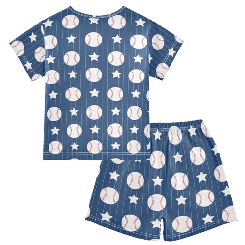 ALAZA Cartoon Star Baseball Striped Navy Blue Pajamas Short Sleeve 2 Piece Sleepwear Top and Bottom Pajama Set Unisex2