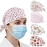 Ziyonix 4 Stück OP Haube Baumwoll Peeling-Mütze mit Schweißband und Knöpfen Chirurgische Hut Staubkappe Verstellbar Bandana Cap Kochmütze für Damen Herren (Erdbeere)