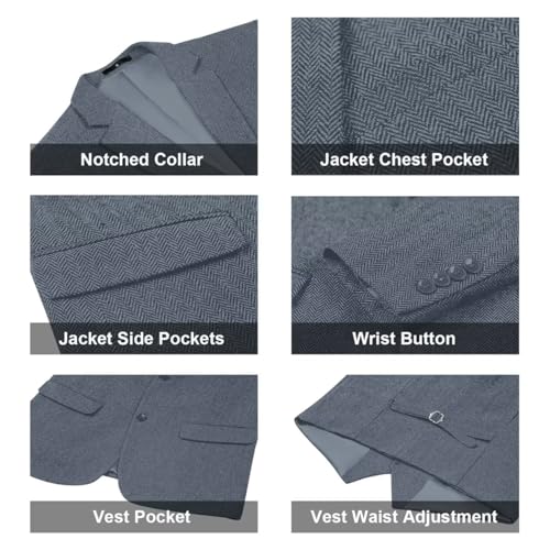 Image of Retro 3 Piece Suit Tweed Herringbone Men's Suits Slim Fit Groom Tuxedos Set Prom Brown Grey Jacket Blazer Vest Pants