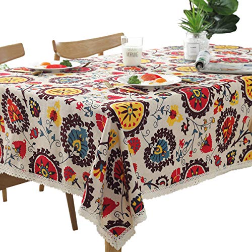 Bettery Home Bohemian Style Rectangle Tablecloth Cotton Linen Lace Floral Table Cloth for Kitchen Dining Room Tabletop Decoration, 55