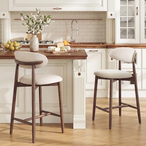 Image of MALOL Counter Height Bar Stools Set of 4, Kitchen Bar Stools with Back, Mid Century Modern Upholstered Barstools with Wood Legs for Kitchen Island Dining Room, Beige