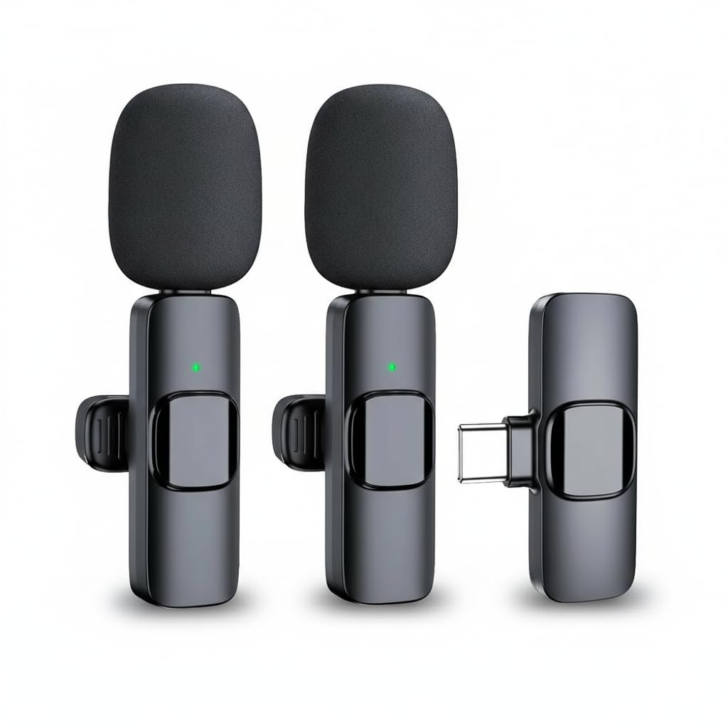 wowtravel Wireless Lavalier Microphones 2 Pack for Phone Tablet and USB C Devices with AI Noise Reduction Plug and Play Clip On Mic for Video Recording Vlogging Interviews TikTok YouTube