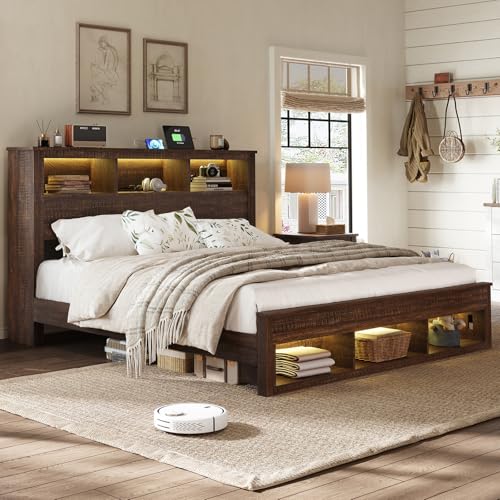 Albott Farmhouse Queen Size Bed Frame with Storage Bookcase Headboard