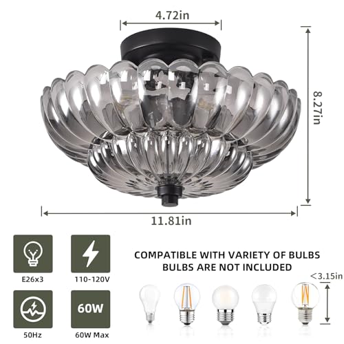 Image of Semi Flush Mount Ceiling Light, 11.8 Inch Black Vintage Hallway Light Fixture with Smoky Gray Glass, Close to Ceiling Light for Bedroom Kitchen Living Room Bathroom Foyer, E26 Base