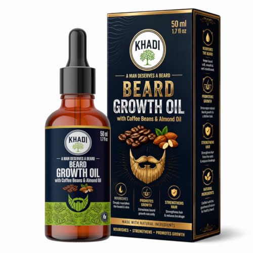 Image of Khadi Organic Beard Growth Oil with Coffee Beans & Almond Oil for Men | Fast Absorption, Non-Sticky & Nourishes Patchy Beard | 50 ML