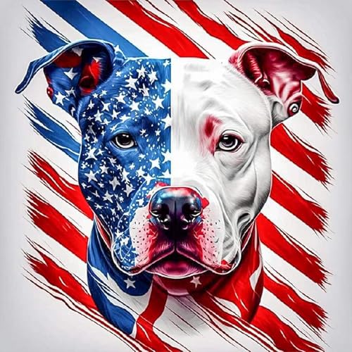 Image of 4th of July DIY 5D Diamond Painting Kits for Adults, American Flag Pitbull Dog Diamond Art Kits for Beginners, Full Drill Round Diamond Painting Independence Day Patriotic Wall Decor 13.8x13.8 Inch