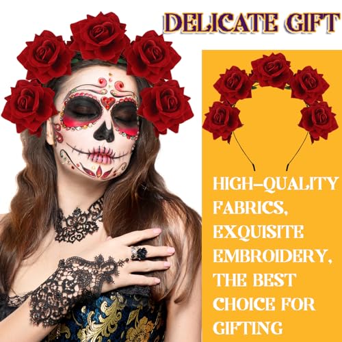 Zoooyawn 3 Pcs Traditional Tassel Exotic Wrap Printed Scarf Embroidered Mexican Belt Adjustable Mexican Rose Flower Floral Crown Day of the Dead for Women Boho Floral Traditional Fiesta Party Sash4