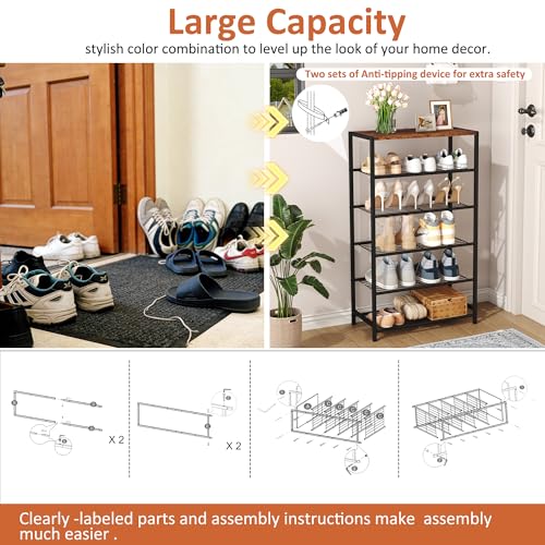 Image of HOMEFORT Shoe Rack 6-Tier, Shoe Storage Shelf, Industrial Shoe Tower, Narrow Shoe Organizer for Closet Entryway, Small Shoe Rack Table with Durable Metal Shelves, Rustic Brown