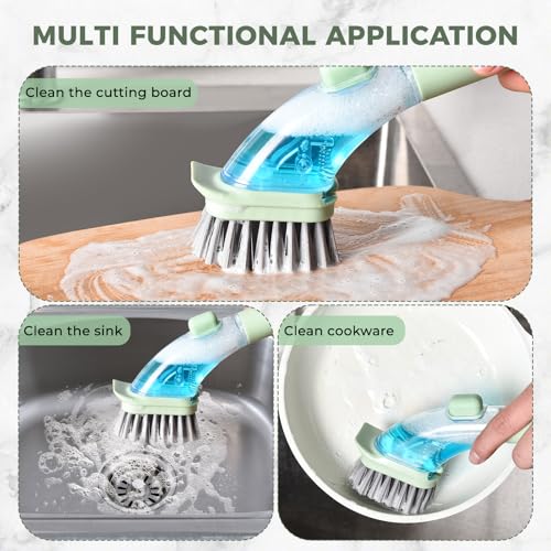 Image of dishwashing Brush with Handle, Scratch-Free dishwashing Brush, Plate Brush, soap Dispenser, Kitchen Tableware, Pot, Sink Cleaning Set (Green)