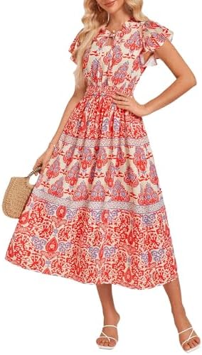 GRACE KARIN Women's Floral Boho Dress Hawaiian Dresse Short Sleeve V Neck Summer Beach Wedding Guest Swing Maxi Sundress