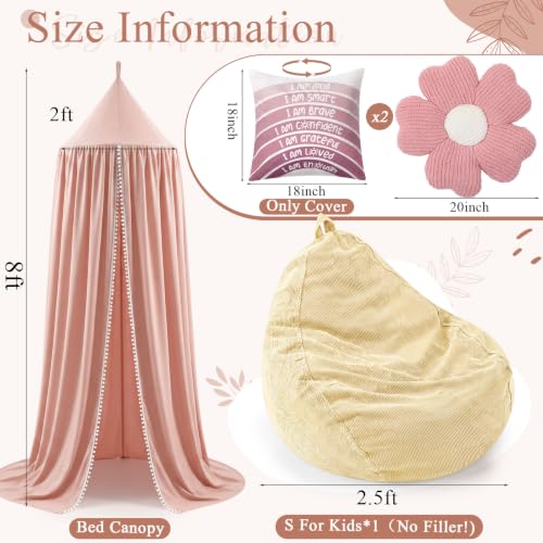 Image of 5 Pcs Reading Nook Set for Kids, Kids Reading Corner Decor with Bean Bag Chair Cover & Throw Pillow Cover(No Filler) Canopy and Flower Pillow for Bedroom Playroom Nursery(Pink)