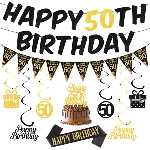 50 Geburtstag Deko Banner für Männer Frauen, Schwarz Gold Happy 50 Birthday Banner und Wimpel Garland, Geburtstag Schärpe Spiralen Hängedeko für 50. Geburtstagsdeko 50 Geburtstag Deko Banner für Männer Frauen, Schwarz Gold Happy 50 Birthday Banner und Wimpel Garland, Geburtstag Schärpe Spiralen Hängedeko für 50. Geburtstagsdeko