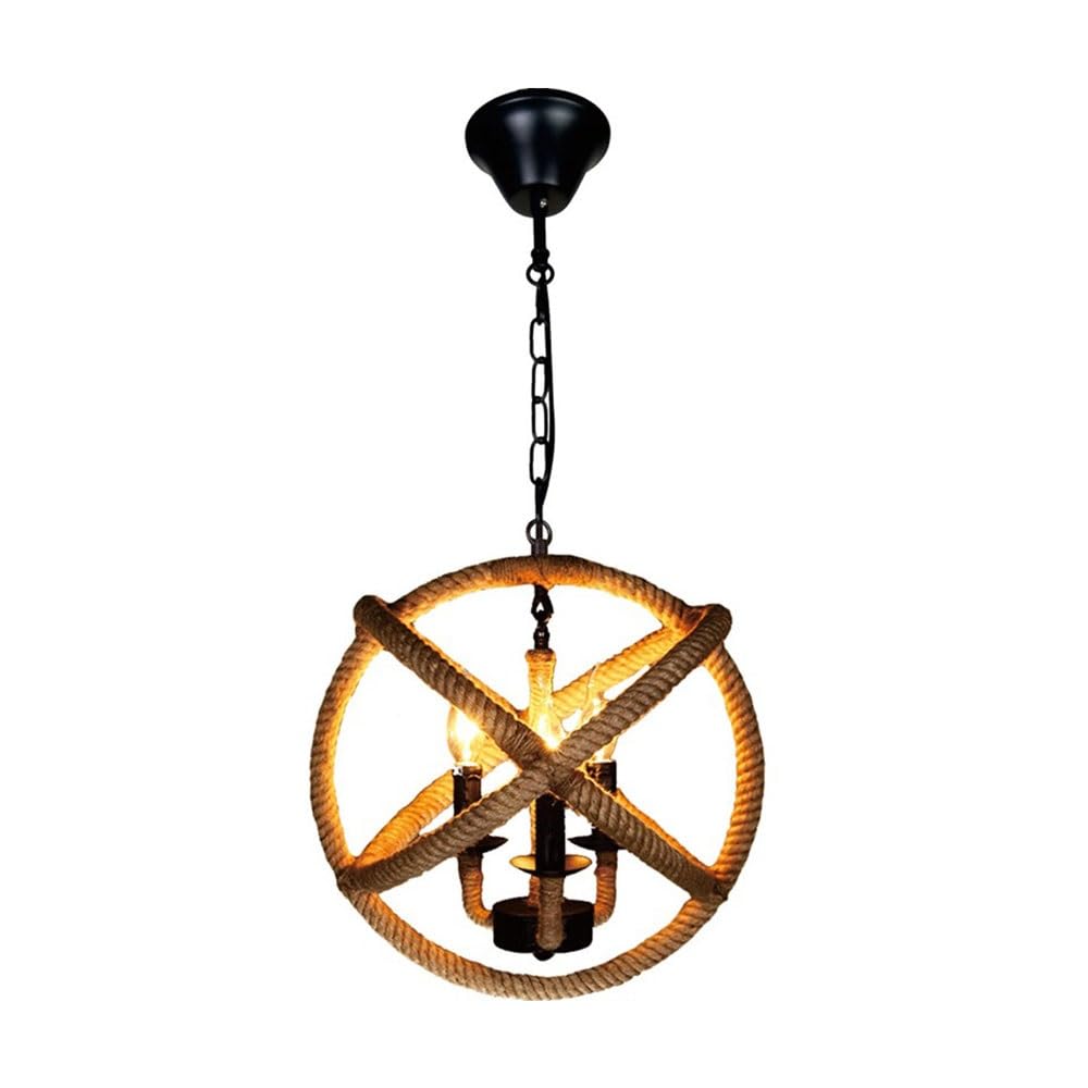BLOOHK Rustic Hemp Rope Orb Chandelier, 3-Light Hand-Woven Globe Pendant Light, Nautical Sphere Hanging Fixture for Farmhouse Kitchen Island, Dining Room, Living Room
