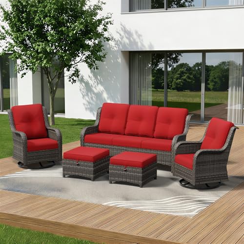 Image of 5 Piece Outdoor Wicker Patio Furniture Set, Outdoor Swivel Rocker Patio Chairs Set with Thickened Olefin Cushions, High Back and Deep Seating, Hand-Woven PE Rattan for Porch, Deck