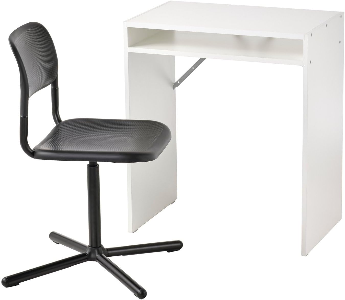 Modern Home Office Desk and Chair Set, White Particleboard Desk with Black Swivel Chair, 25.6 x 15.7 inch Desk Surface, Height Adjustable Seat