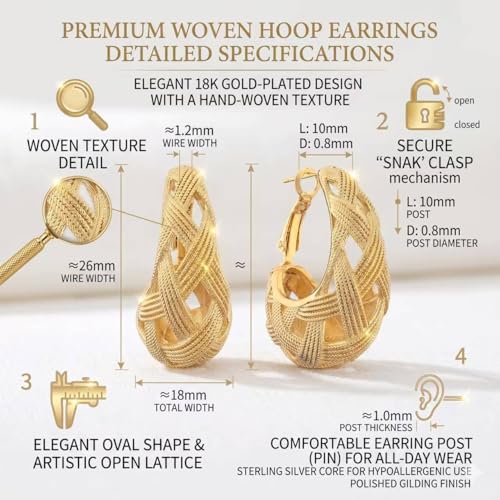 Chunky Gold Hoop Earrings for Women Dainty, 14K Gold Plated Woven Braided Hollow Out Oval Huggie Hoops, Hypoallergenic Lightweight Thick Statement Geometric Earrings Fashion Jewelry Birthday Gifts by KAIYIDAN - Used condition - Image 5