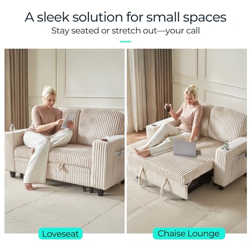 Image of LINSY HOME Loveseat Sofa with Pull Out Couch Chaise: 2-in-1 Convertible 2 Seater Sofa with USB Charging & Cup Holders, Comfy Plush Corduroy Love Seat for Small Spaces Living Room Apartment, Beige