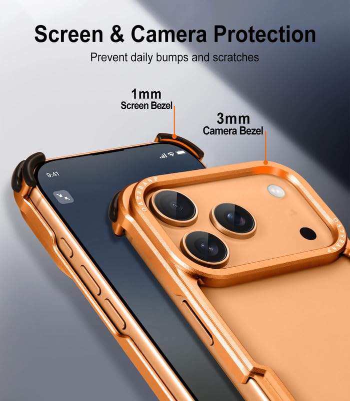 Image of Aluminum Frame Metal Bumper Compatible with iPhone 17 Pro Max | Simple Shield Air Cushion Shockproof | Edge Protection, Minimalist Slim - Orange Titanium