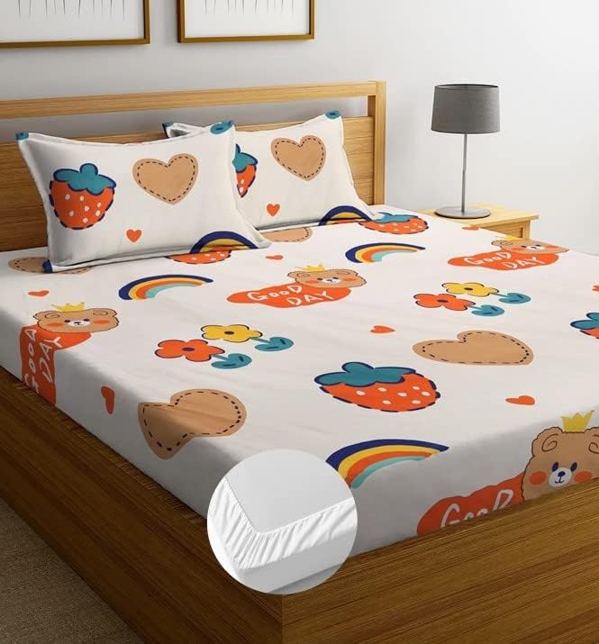 Image of NHD HOME Premium Cotton Elastic Fitted Bedsheets with 2 King Size Pillow Covers | Double Bed with All Around Elastic 180 TC Supersoft /Breathable| Size-78X72+10 inches| Beige Cartoon Print