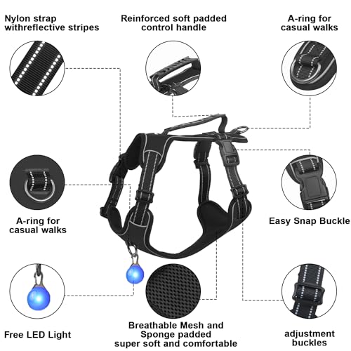 Perperqer Dog Harness Black No Pull Y Shaped for Medium Sized Dog, Small to Large Dogs Reflective Adjustable Easy Walk Puppy Harnesses,Heavy Duty Girl Boy Pet Vest 3 Buckle with Handle & Light,L