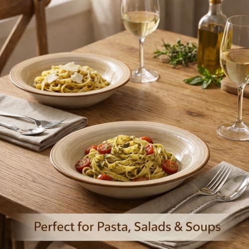 Image of Ceramic Pasta Bowls Set of 2 | 7 Inch Handmade Deep Soup Plates | Microwave Oven Safe Serving Bowls | Floral Hand-Painted Stoneware Salad Bowls (2, Beige)