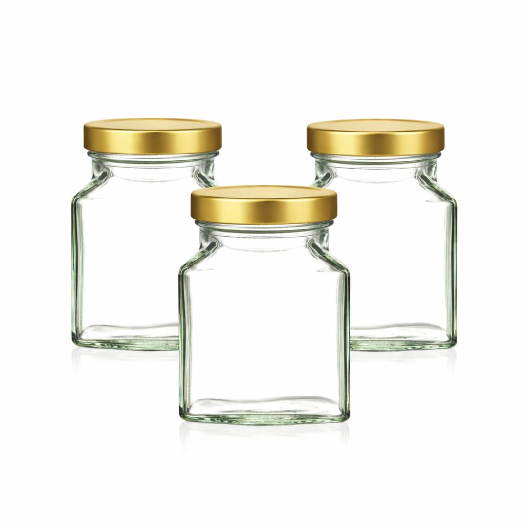 Jars And Bottles 200Ml Square Glass Jar With Twist-Off Lid | Clear Preserve Jar For Honey, Jam, Chutney, Herbs & Spices | Airtight Food Storage Jar | J&B (12)