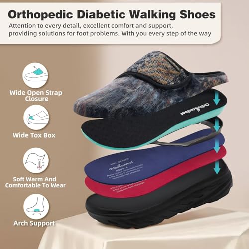 Women's Orthopedic Diabetic Wide Slippers: Comfortable Arch Support Plantar Fasciitis Walking Shoes, Casual Flat Feet Winter Warm Hook and Loop House Slip On Loafers for Foot and Heel Pain Relief2