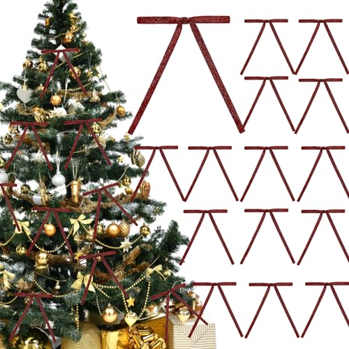Yanmucy Lazos de Terciopelo para Árbol de Navidad, 24 Piezas Lazos de Cinta con Lentejuelas para Decoraciones de Árbol de Navidad Lazos Burdeos para Decoración de Corona de Navidad, Envoltura de