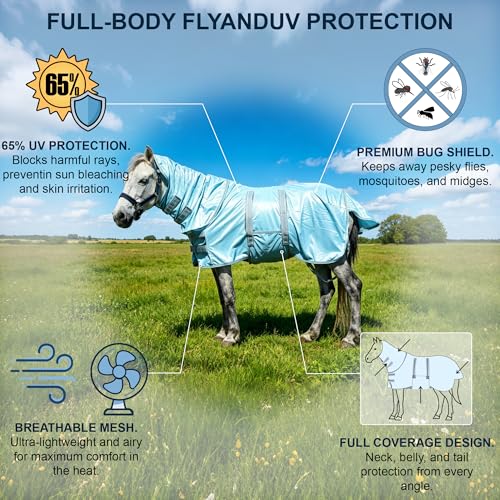 Image of Fly Sheet for Mini Horse /Pony /Foal & Weanling /Yearling /Donkey - Detachable Neck Cover & Belly Wrap, Lightweight Airflow Mesh Summer Sheet for Pasture & Stable, UV Protection Cyanblue 60 inch