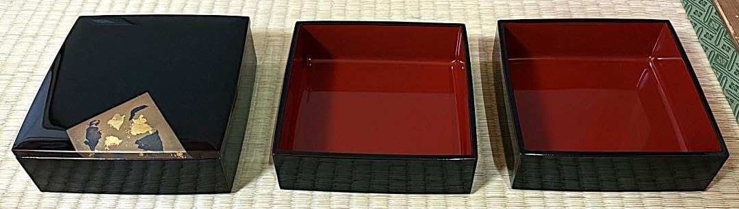黒色重箱 3段 金箔装飾 紀州漆器 7寸 三段 重箱 黒内朱