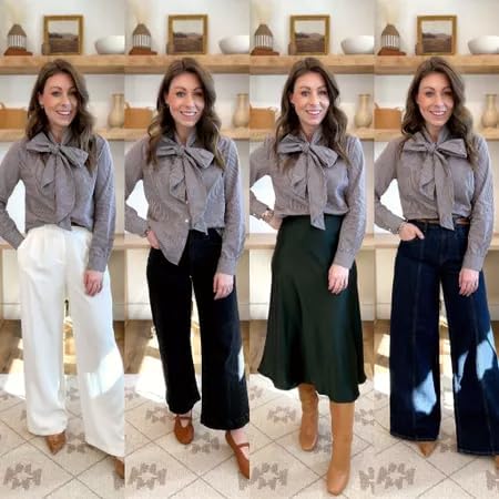 Cicy Bell Womens Plaid Shirts Bow Tied Neck Button Down Long Sleeve Casual Dressy Blouse Tops - Image 7