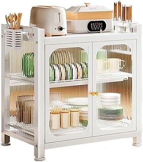 kesig Carbon Steel Kitchen Storage Rack Drain Dishware Storage Rack Countertop Storage Cupboard with Door Multifunctional Bowl Chopstick Storage Box Kitchen Countertop Plate Organizer (White)