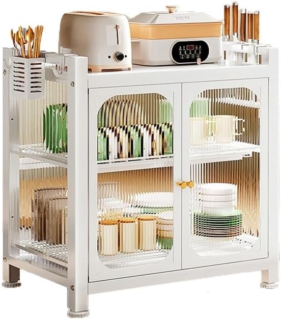 kesig Carbon Steel Kitchen Storage Rack Drain Dishware Storage Rack Countertop Storage Cupboard with Door Multifunctional Bowl Chopstick Storage Box Kitchen Countertop Plate Organizer (White)