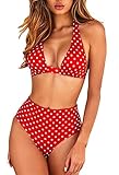 Sovoyontee Women's Sexy High Waist Swimsuit 2 Piece Halter Bikini Bathing Suits, Red Polka Dot Printed, L