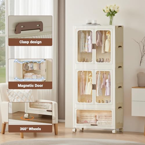 Faltbarer Kleiderschrank 70x41,5x191,4cm, Kunststoff-Klappkommode mit Magnetischen Türen & Rollen, 2 Aufhängen & 1 Lagerbereich, Stabil Mehrzweckschrank für Kinderkleidung Aufbewahrung von Spielzeug