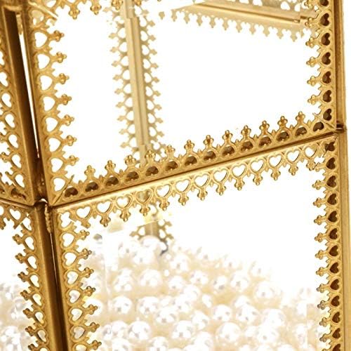 Vintage Glass Brushholder with Elegant Chain Lid Open,Stunning Gold Mirrored Eyeliner Display Stand Clear Cosmetic Makeup Organizer for Lipstick, Brushes, Large with Free White Pearls Storage