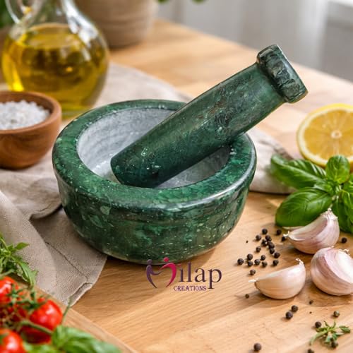 Image of Granite Green Marble Mortar and Pestle Set for Kitchen 4 Inch | Okhli Musal | Khalbatta | Silbatta I Imamdasta Used for chutneys, pastes, and medicines.